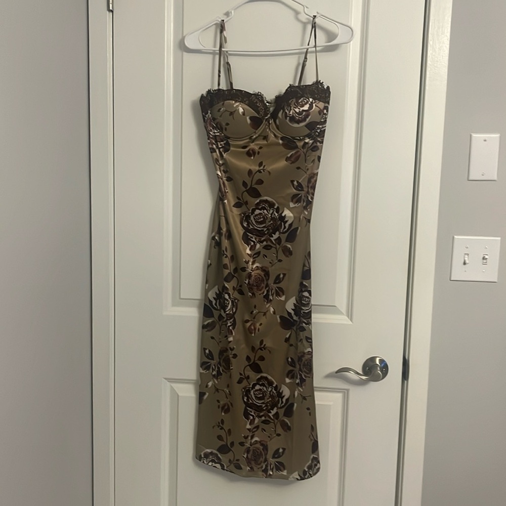 Green & Brown Corset Top Midi Dress, Size Small